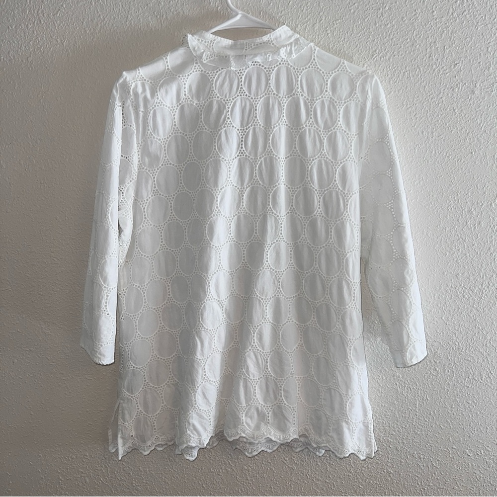 Charter Club Size 14 White Eyelet Cotton Blouse Ruffle V-Neck 3/4 Sleeve Lined - Picture 3 of 10